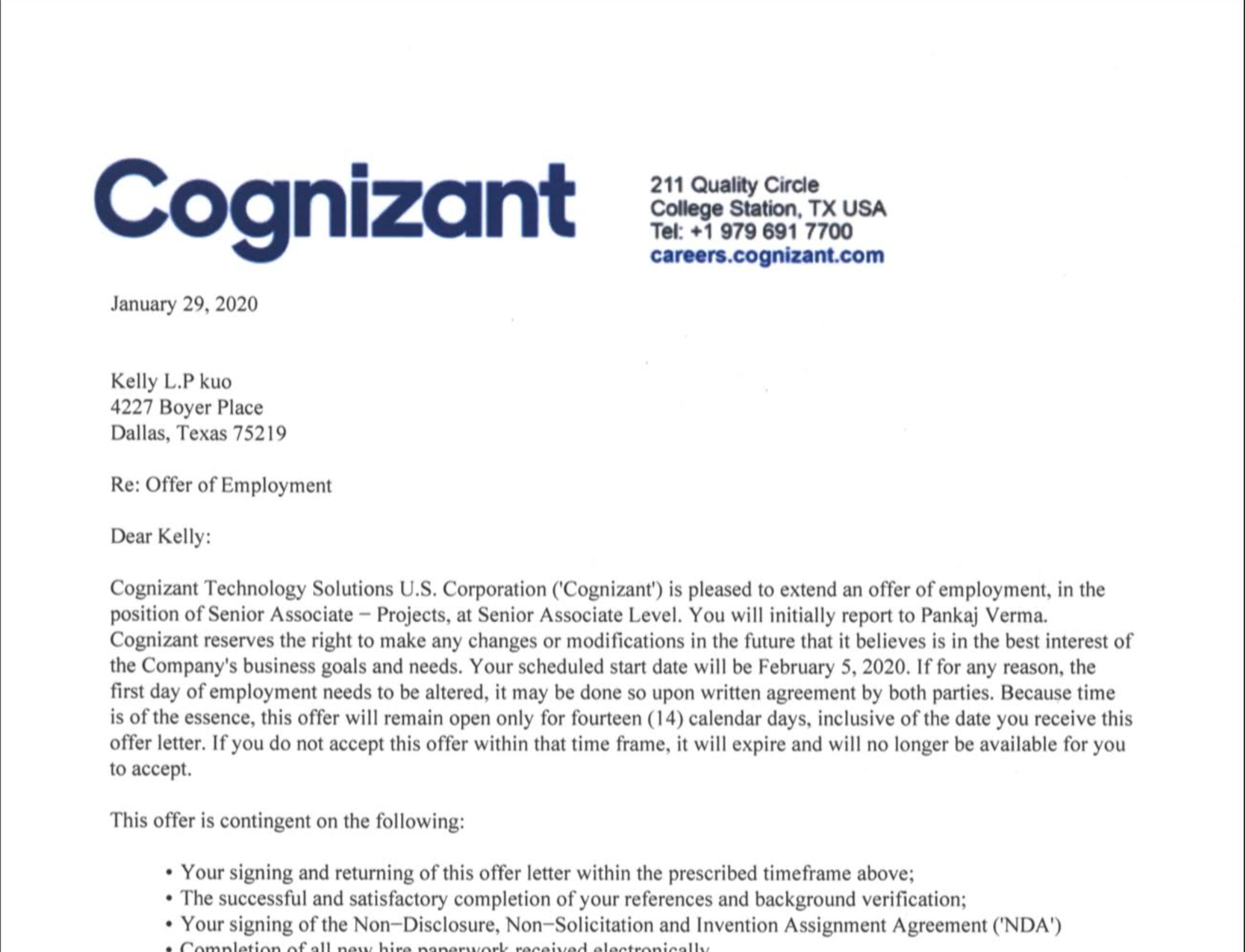 Cognizant offer letter for Senior Associate position, January 2020