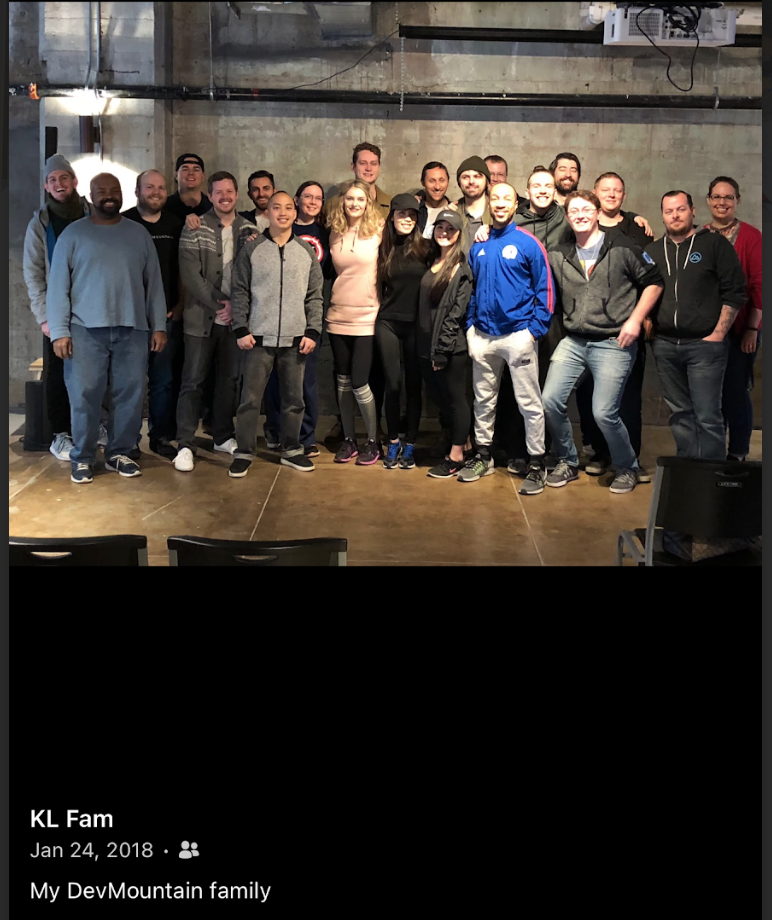 Kelly with her DevMountain coding bootcamp cohort, January 2018